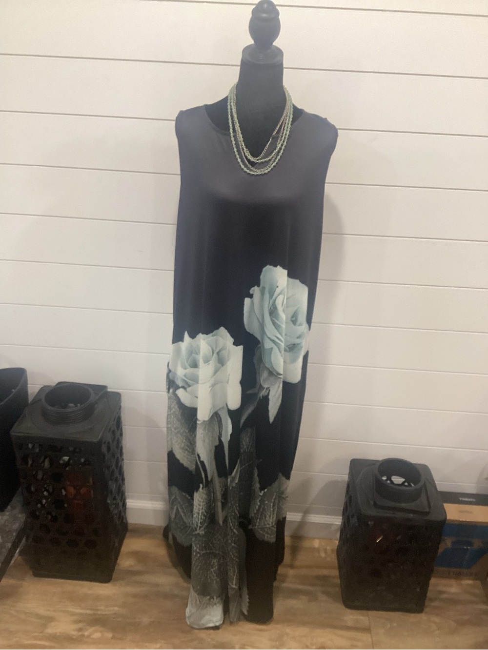 Black Maxi Dress with Light Blue Rose Print
